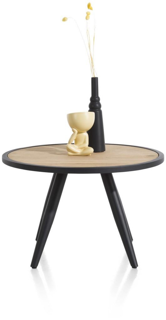 Table basse ronde en bois d'acacia naturel et métal noir