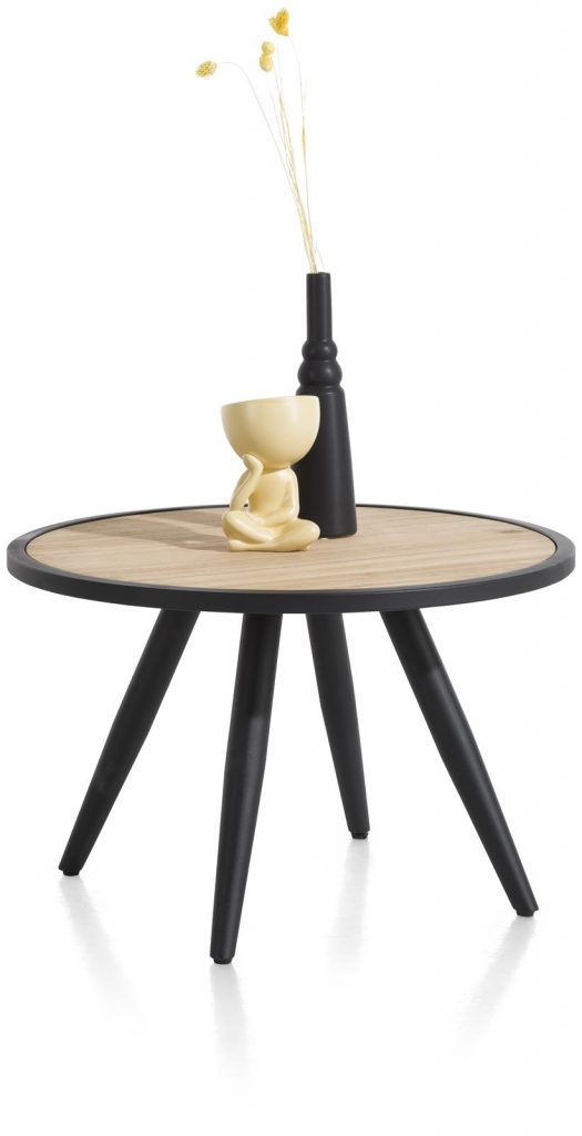 Table basse ronde en bois d'acacia naturel et métal noir
