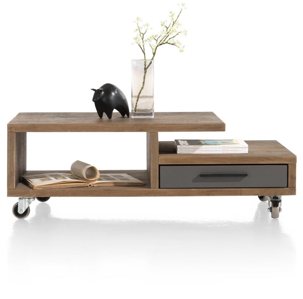 Table basse moderne sur roulettes gris anthracite et placage bois de chêne
