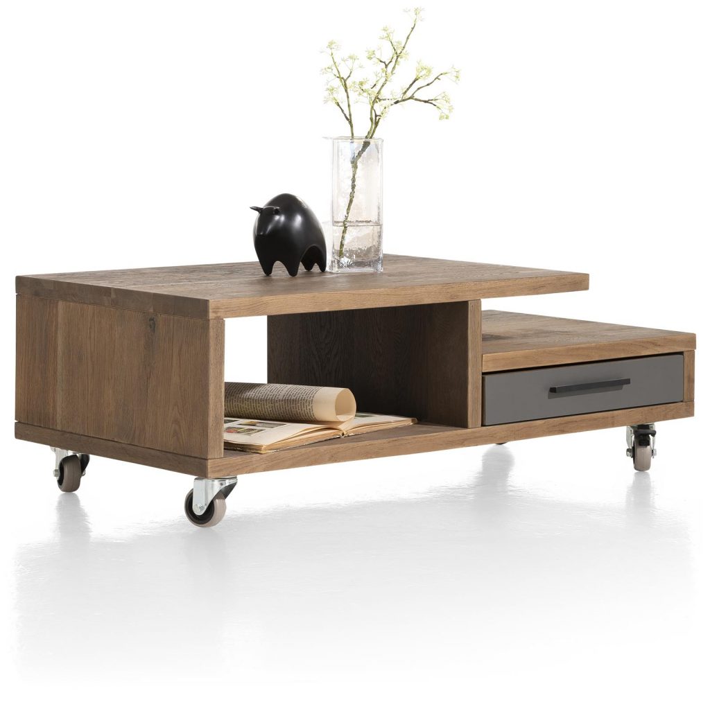 Table basse moderne sur roulettes gris anthracite et placage bois de chêne