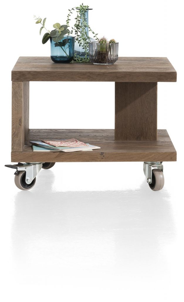 Table d'appoint moderne sur roulettes gris anthracite et placage bois de chêne