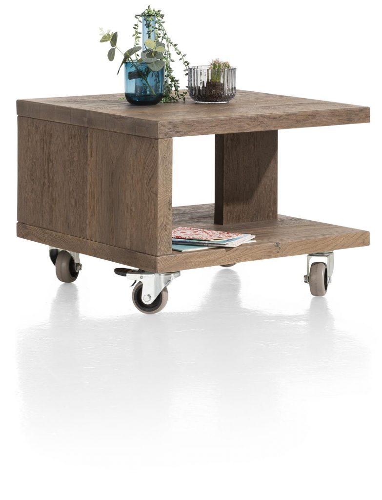 Table d'appoint moderne sur roulettes gris anthracite et placage bois de chêne