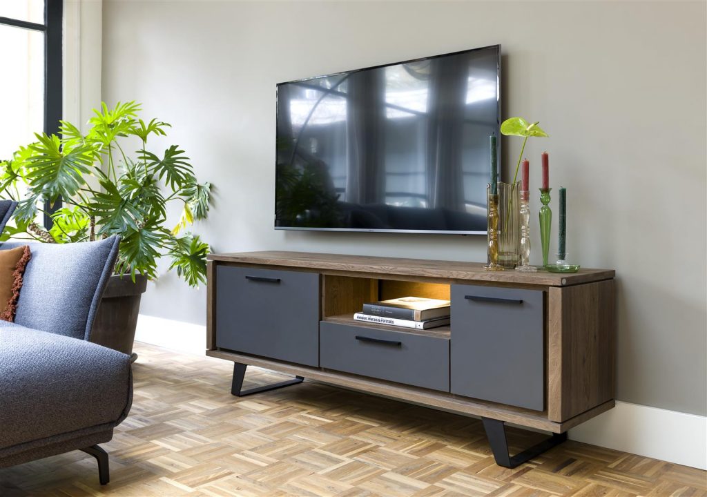Meuble TV moderne gris anthracite et placage bois de chêne avec éclairage LED intégré