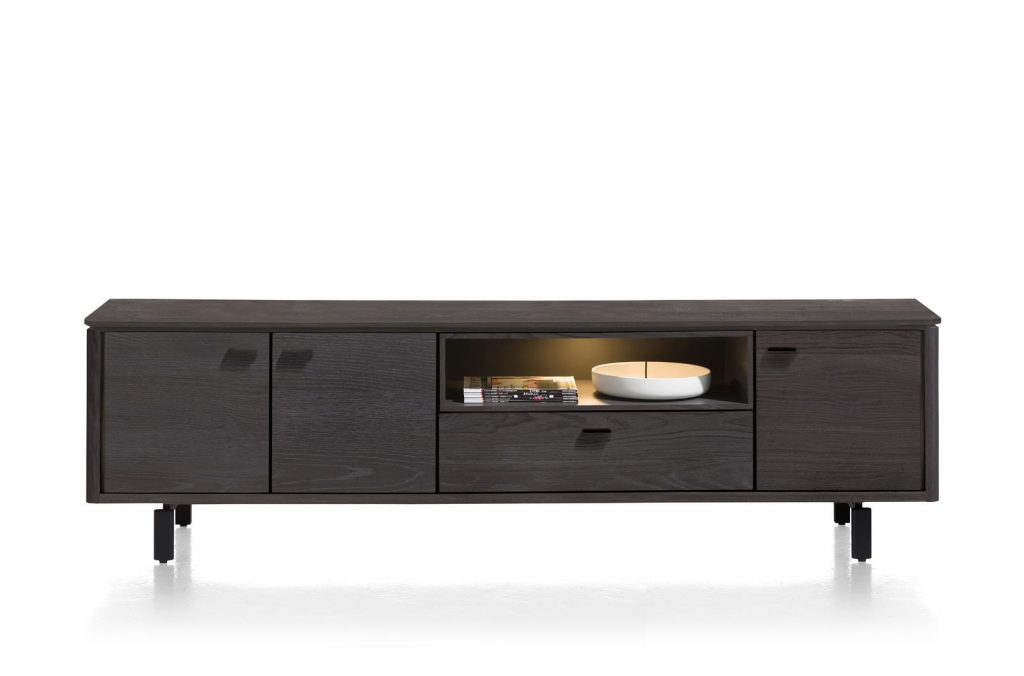 Grand meuble tv moderne en bois de chêne noir aux veines apparentes