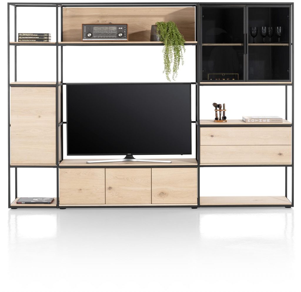 Grande cloison TV au design moderne bois de chêne et métal