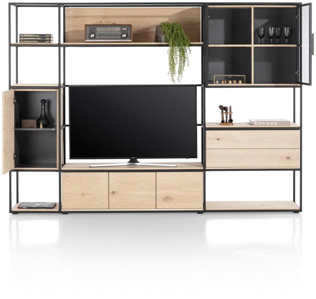 Grande cloison TV au design moderne bois de chêne et métal