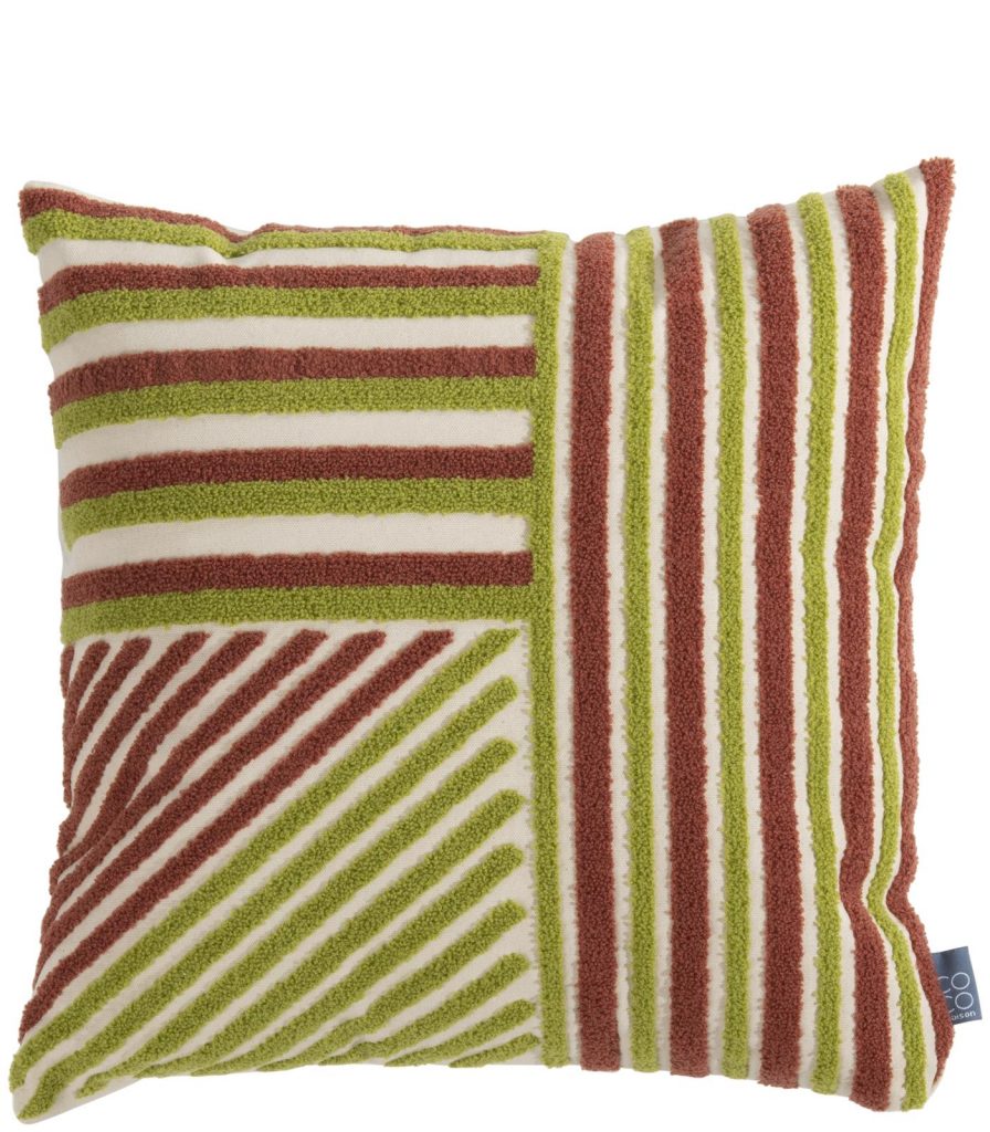 coussin a formes linéaires teintes bordeaux et verts