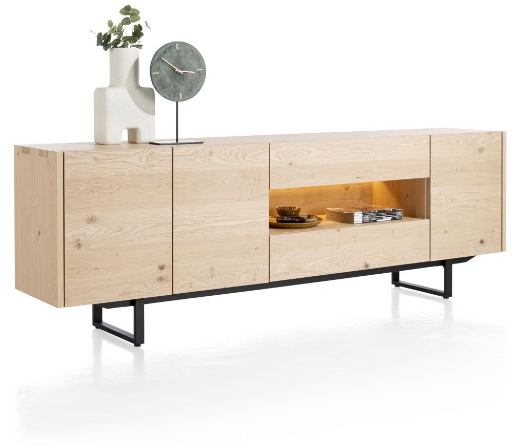 Grand buffet moderne en bois de chêne naturel avec éclairage LED