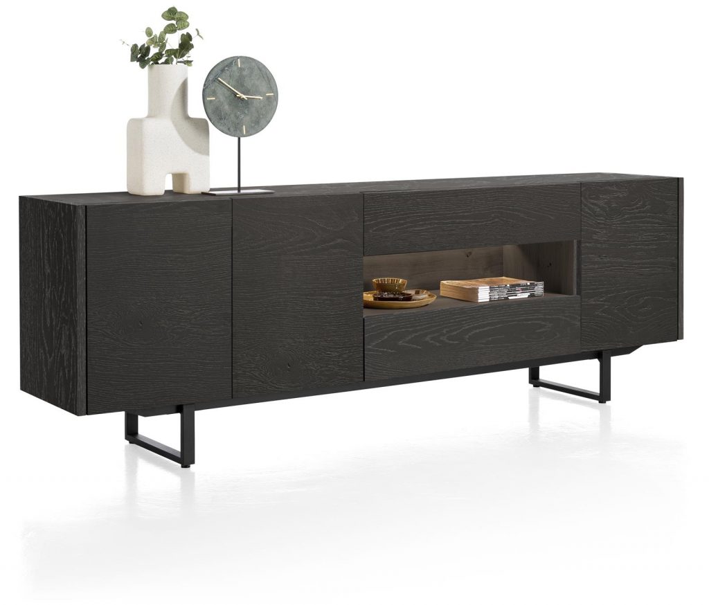 Grand buffet moderne en bois de chêne noir avec éclairage LED