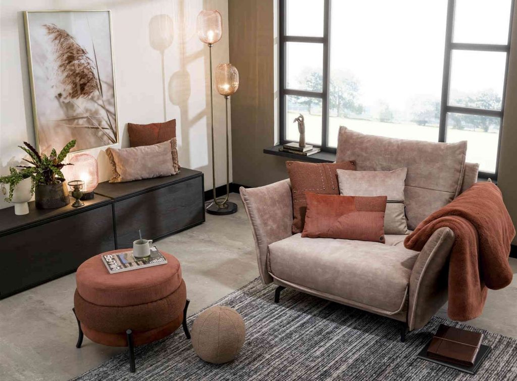 Petit salon cocooning avec un fauteuil beige, un tapis a poil ras  